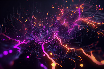 illustration of particles and neurons communication impulses in neon color. AI