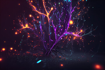 Fototapeta na wymiar illustration of particles and neurons communication impulses in neon color. AI