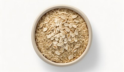 Oats in a round bowl. Oatmeal. Oat. Oats isolated on white background. Oat Bowl flat lay. Grain. Seeds.