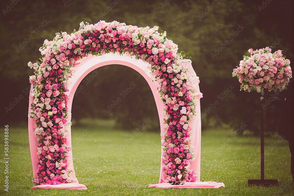 Poster Luxury pink wedding arch with delicate flowers in nature, created with generative ai