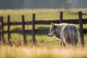Wolf watching an empty fenced grazing land. Generative AI - 583898821