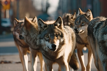 Fototapeta premium A pack of wolves in the city. Generative AI