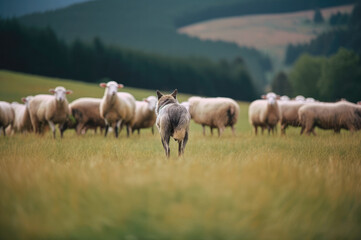 Naklejka na ściany i meble Wolf watching herd of sheep on the meadow. Generative AI