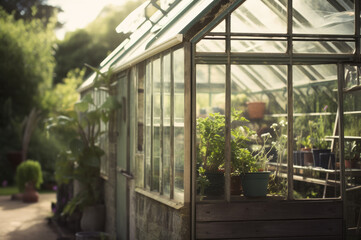 Vintage British greenhouse. Generative AI
