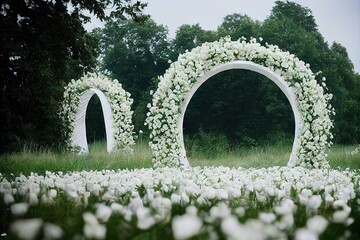 Luxurious wedding arch with white flowers beauty and love, created with generative ai