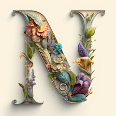 AI Generative. floral letter N with flowers .Monogram initial perfectly for wedding invitations, greeting card, logo, poster and other design.,frame with flowers