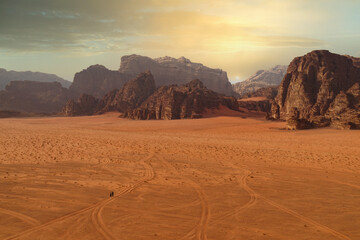 Fototapeta na wymiar Majestic view of the Wadi Rum desert, Jordan, The Valley of the Moon.