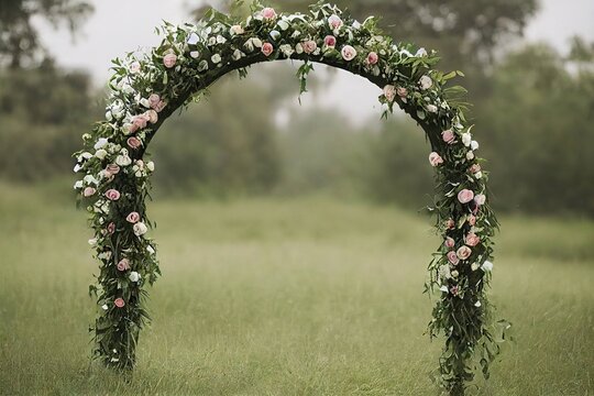 Delicate green with white flowers wedding arch in nature in park garden, created with generative ai