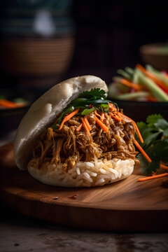 Pulled pork in a Bao Bao roll. (Generative ai)