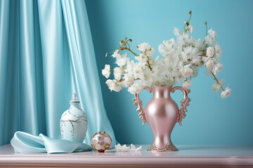 aesthetic of flowers in vase pastel blue tone