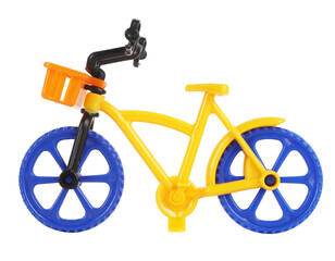 Plastic toy bicycle bike isolated on white background. Funny toys concept