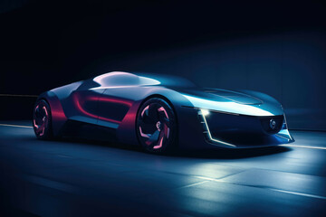 Obraz na płótnie Canvas A futuristic car, with a sleek design and glowing headlights, driving on an empty highway - Generative AI