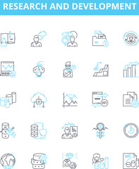 Research and Development vector line icons set. Research, Development, Innovation, Strategy, Analysis, Design, Modeling illustration outline concept symbols and signs