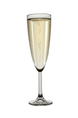 A glass on a thin stem with sparkling white wine and bubbles. On a white background.
