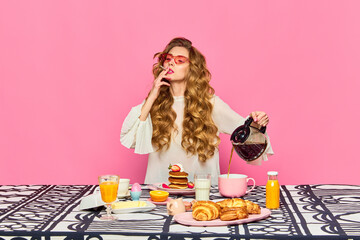 Redheaded girl with sunglasses preparing coffee and smoking cigarettes over pink background