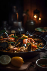 Traditional Spanish paella with seafood and chicken. (Generative ai)