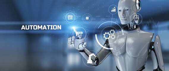 Robotic business process workflow Automation RPA. Robot pressing button on screen 3d render.