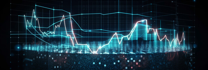 Global business analysis and asset investiment, colorful, black background, banner, generative ai