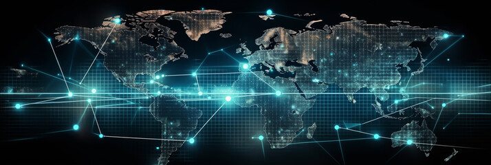 Naklejka na ściany i meble Futuristic digital world map with globar business, banner, generative ai