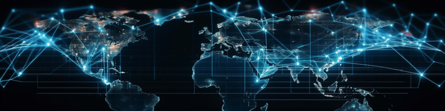 Futuristic digital world map with globar business, banner, generative ai