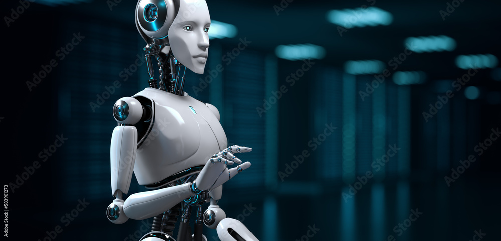 Aufkleber robot cyborg 3d render on blurred background. innovation technology robotisation.