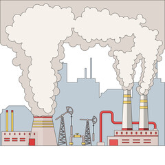 Environment pollution and ecology disaster. Factory air and water pollution. Power plant air pollution or industry factory. Smoke and air pollution. Industrial plant clouds of smoke, smog and fog