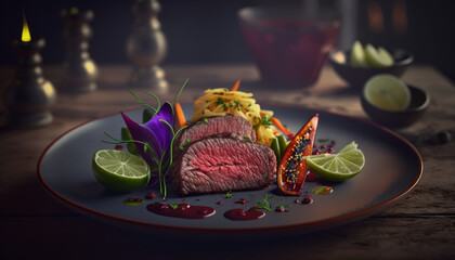 Still life of venison meat, lime, red pepper in a restaurant ,Generative AI. High quality photo