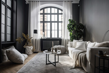 Modern interior design, living room with sofa . Home interior with window, AI Generative