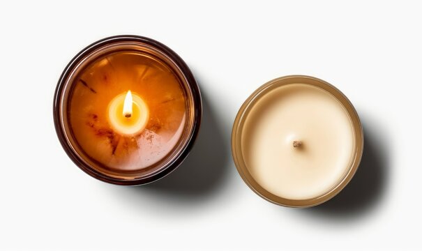two isolated candles - burning soy way candle in an amber glass jar and a cream colored tea light, decorative lifestyle design elements over transparent background, top view - flat lay1-justpasion