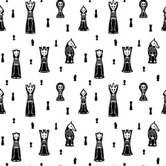 The inner world of chess pieces. Chess skeletons. Seamless vector pattern on a transparent background.