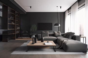 Naklejka na ściany i meble Modern interior design, living room with sofa . Home interior with window, AI Generative