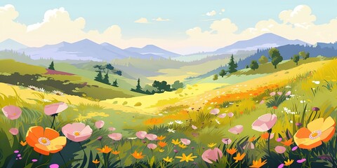 Obraz na płótnie Canvas A meadow filled with blooming flowers in a panoramic view of a spring landscape, Generative AI