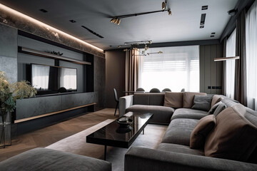Modern interior design, living room with sofa . Home interior with window, AI Generative