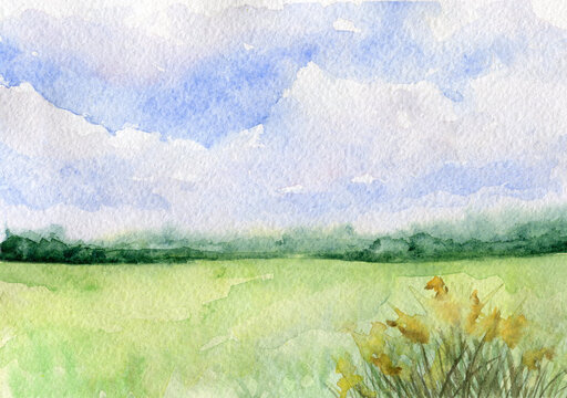 Watercolor landscape of the field. Blue sky with cloud. Hand-drawn horizontal illustration.