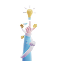 3d minimal hand gesture pointing light bulb isolated transparent object. idea success , business, finance, 3d rendering illustration.
