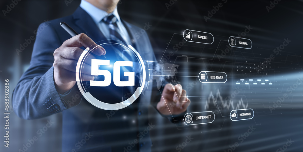 Poster 5g high-speed internet connection concept. businessman pressing button on screen.