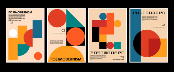 Artworks, posters inspired postmodern of vector abstract dynamic symbols with bold geometric shapes, useful for web background, poster art design, magazine front page, hi-tech print, cover artwork. - 583902801