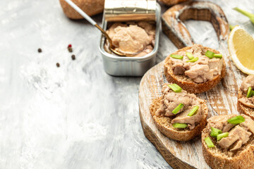 open sandwiches with cod liver and green onion, Natural source of omega 3. banner, menu, recipe place for text, top view