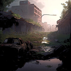 Apocalyptic world. Destroyed city illustration. Zombie apocalypse concept art. Viruses, global pandemic. Generative AI.