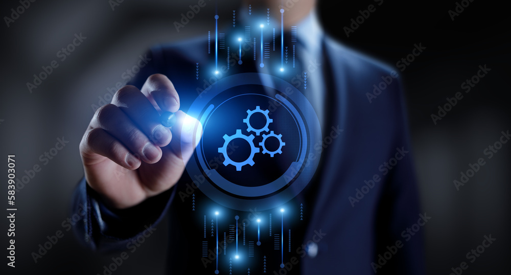 Poster gears icons business process automation innovation technology concept. businessman pressing button o