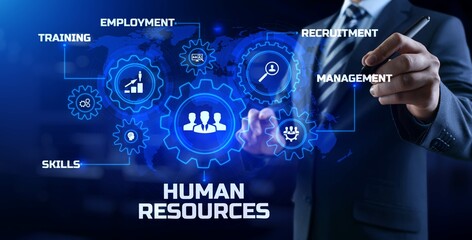 HR Human resources management Recruitment Headhunting. Businessman pressing button on screen.