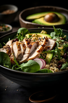 Salad with quinoa, avocado and chicken. (Generative ai)
