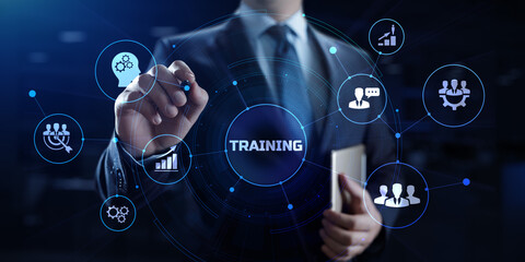 Training education personal development concept. Businessman pressing button on screen.