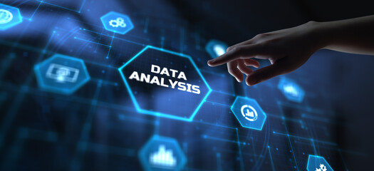 Data analysis analytics BI Business intelligence concept. Hand pressing button on screen.
