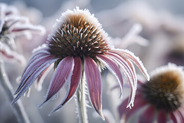 Close-up of frost-covered echinacea stamens highlighting natural beauty - obrazy, fototapety, plakaty