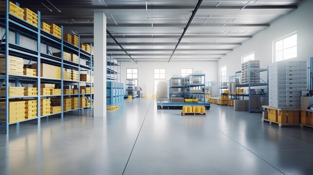 Organized warehouse interior showcases efficiency in logistics and supply chain management. Effective inventory control, order fulfillment, and space optimization. Generative AI