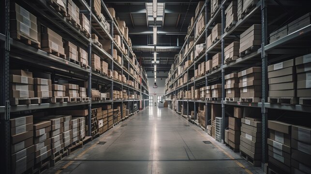 Organized warehouse interior showcases efficiency in logistics and supply chain management. Effective inventory control, order fulfillment, and space optimization. Generative AI