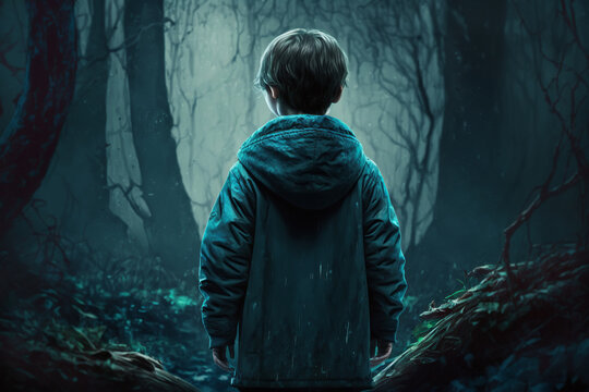 View from back of lonely lost child boy in dark gloomy forest. Generative AI illustration
