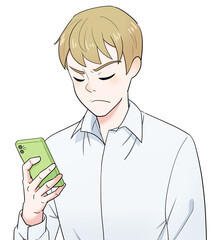 スマホを片手に念じる金髪の男性