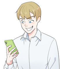 悪い顔で笑いながらスマホを見る金髪の男性